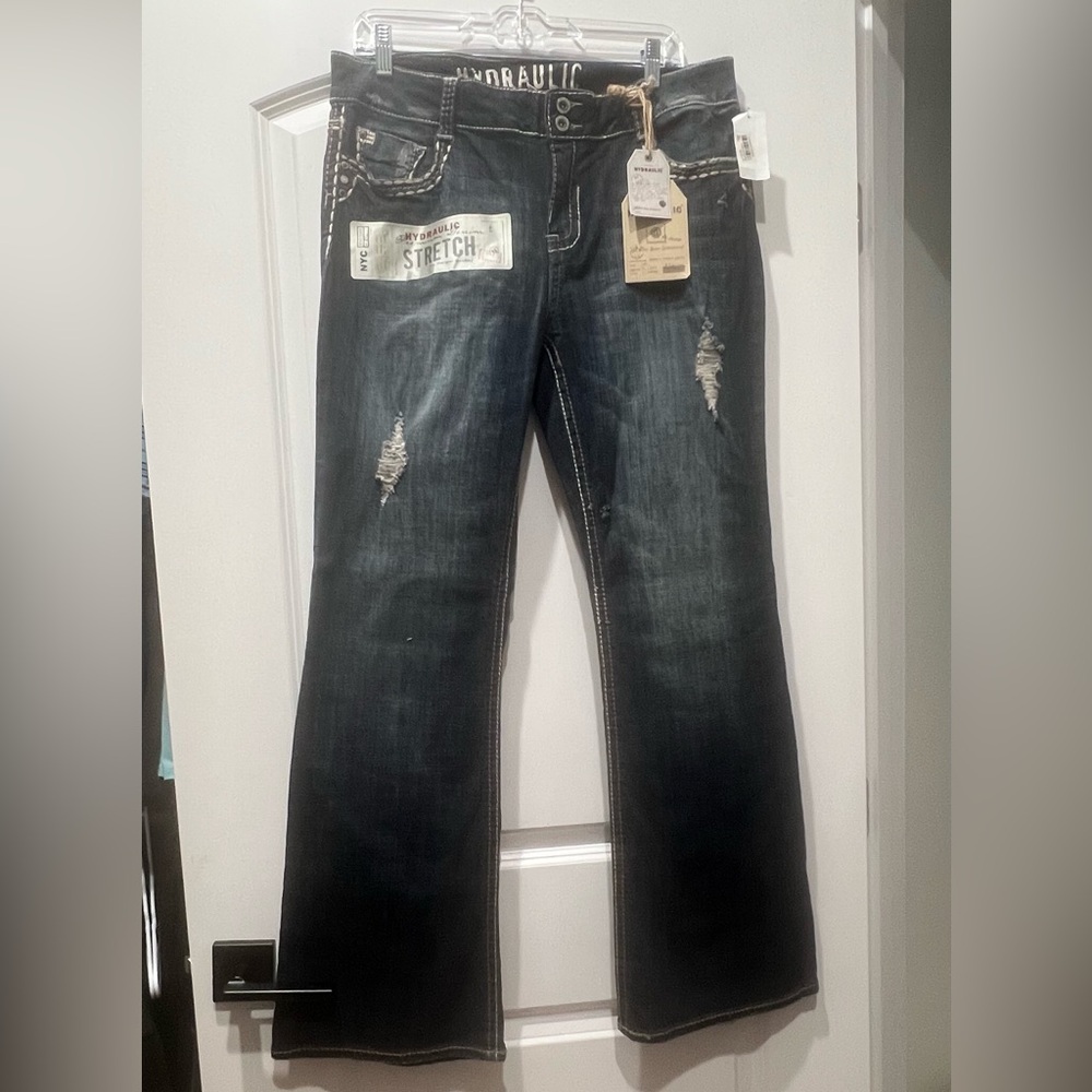 Hydraulic Blue Flare & Wide Leg Jeans with Distressed Details